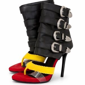 Black Multi-Buckle Stiletto Heel Boot Yellow Strap Red Sole